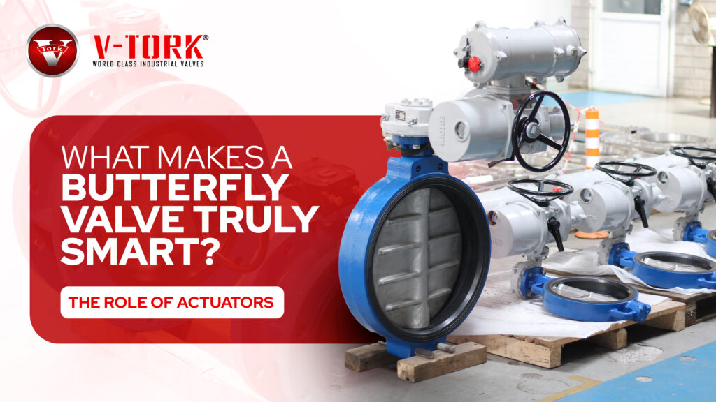 Industrial butterfly valve with electric actuator showcased by V-TORK, highlighting automated valve control solutions for industrial applications.